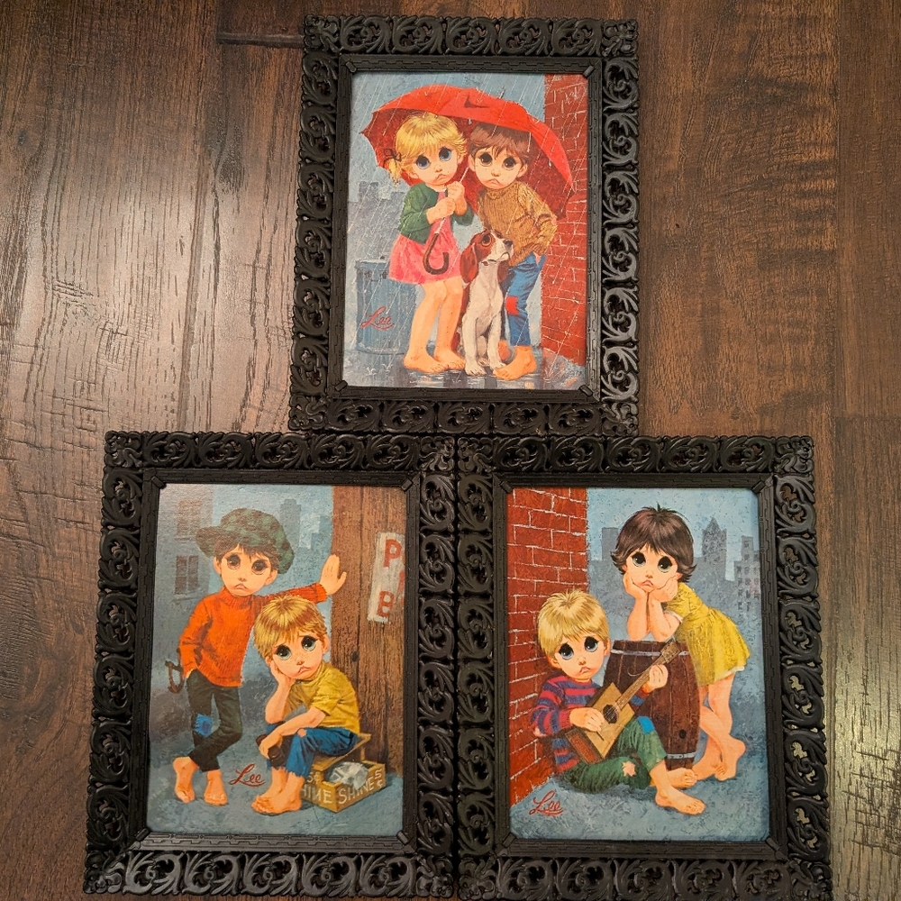 Vintage Big Eyed Kids Lee Prints, Kids Shoe Shine, Guitar, Umbrella/Rain W Dog